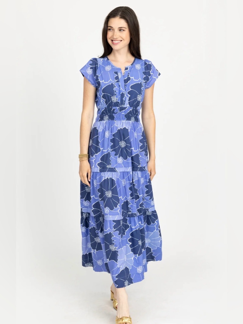 MAHI GOLD Audrey Dress poplin gardenia blue women’s sizeXL boho tiered maxidress